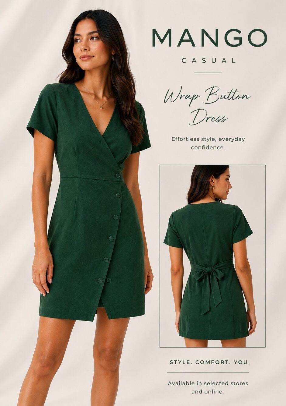 Mango Casual Green Wrap Dress Size S Button Front